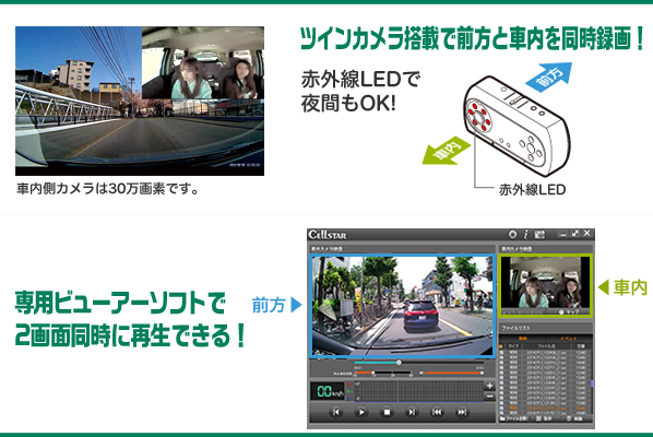 ツインカメラ搭載で車内も録画！
