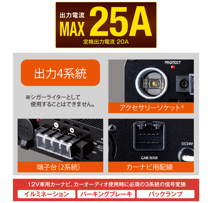 12V車用カーナビ、カーオーディオ使用時に必須の3系統の信号変換